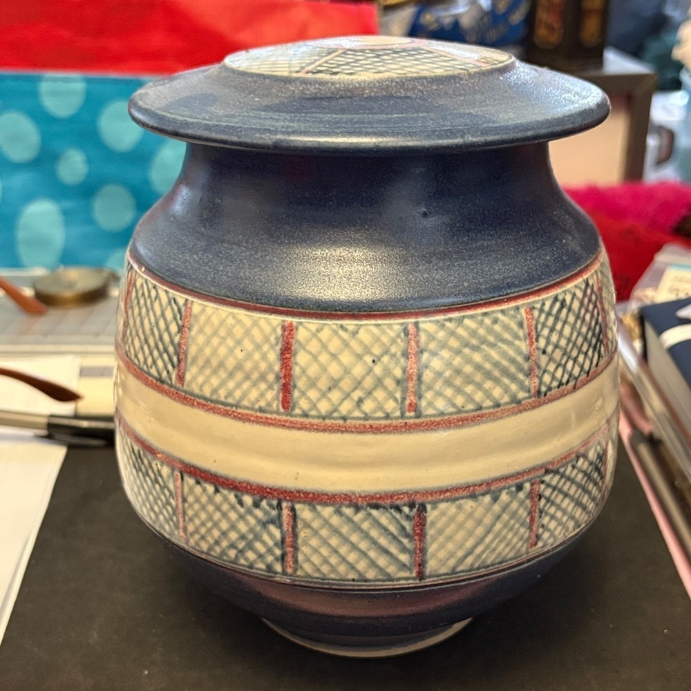 Vintage Blue and Cream Patterned Raku Studio Pottery Vase With Lid